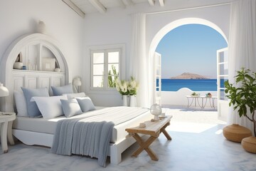 Whitewashed Greek bedroom with ocean scape. Generative AI