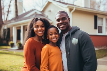 Portrait of a young family standing in front of a house