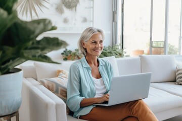 Happy senior woman using the laptop at home