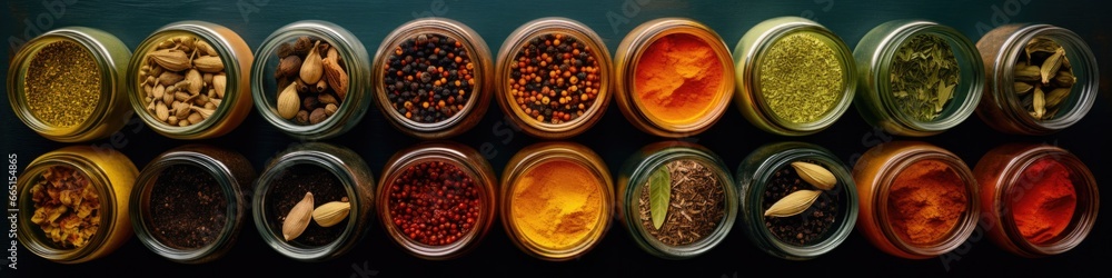 Poster a row of jars filled with different types of spices. generative ai.