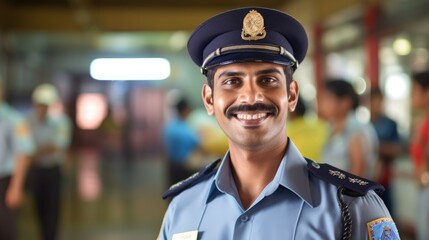Portrait of smiling police man wearing official uniform