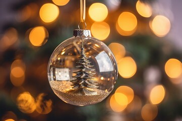 Christmas tree in bauble, background light bokeh. Generative AI