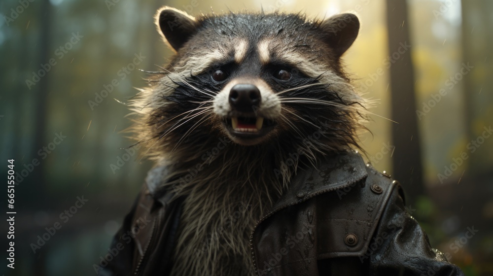 Wall mural A wet raccoon wearing a leather jacket in a forest. Generative AI.