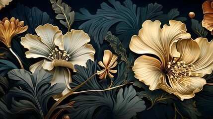 AI generated illustration of golden flowers and green plants on a dark green background