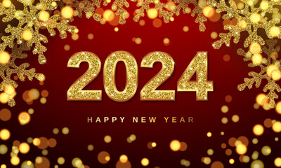 Christmas banner with snowflakes and numbers 2024. Gold glitter and bright bokeh. 3D realistic illustration on black background. vector.