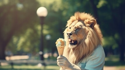 A lion eating an ice cream cone in a park. Generative AI.