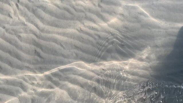 Wet shoreline sand with barefoot prints.  Male legs and feet walking along sea water waves on sandy beach. Man walks at seaside surf. Splashes of water and foam. slow motion.