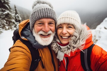 Fototapeta premium Portrait of a senior couple hiking in the mountains