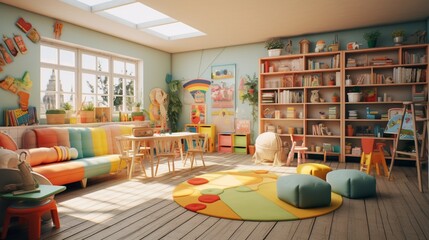 A playful children's daycare with educational toys, colorful decor, and a reading corner. - obrazy, fototapety, plakaty
