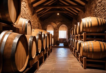 AI generated illustration of wooden barrels in a wine cellar - obrazy, fototapety, plakaty
