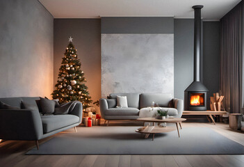 Christmas decoration and new year tree in scandinvian styled living rooom interior with fireplace. AI generated.