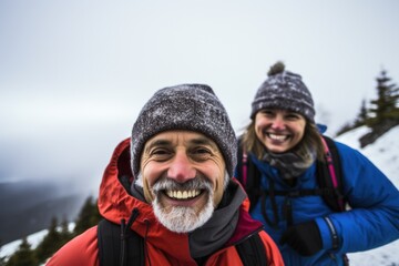 Portrait of a senior couple hiking in the mountains