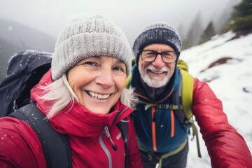 Fototapeta na wymiar Portrait of a senior couple hiking in the mountains