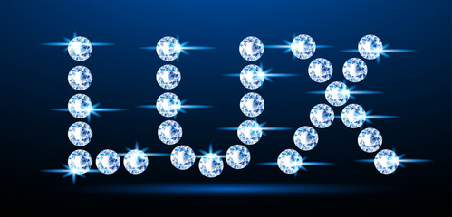 LUX made of bright sparkling diamonds. Jewelry font. 3D realistic style vector illustration.