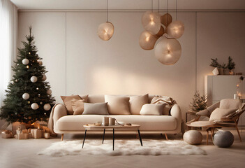 Christmas decoration and new year tree in modern styled living rooom interior with fireplace. AI generated.
