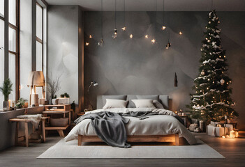 Bedroom interior in scandinavian style with christmas decoration. AI generated.