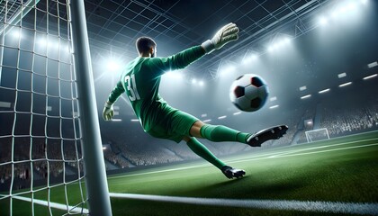 Soccer background concept, football banner with copy space text, goalkeeper defending goal - obrazy, fototapety, plakaty