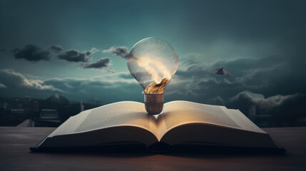 Open book with Light bulb and graduation cap, diploma, success, study, Evolution, College,...