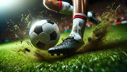 Soccer background concept, football banner with copy space text, foot kicking ball - obrazy, fototapety, plakaty
