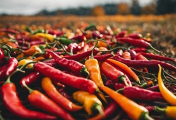 AI generated illustration of fresh colorful chili peppers in a field - obrazy, fototapety, plakaty