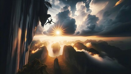 Adventure and extreme sports concept, man free climbing on huge cliff at sunset, background, banner with copy space text  - obrazy, fototapety, plakaty
