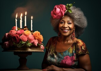 Elderly Black woman with radiant smile celebrating her birthday with a delightful cake