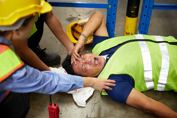 senior worker fell over and his head is bleeding on the floor in the factory - obrazy, fototapety, plakaty