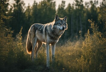 Fototapeta premium AI generated illustration of a majestic wolf with a vibrant brown coat in a field of lush grass
