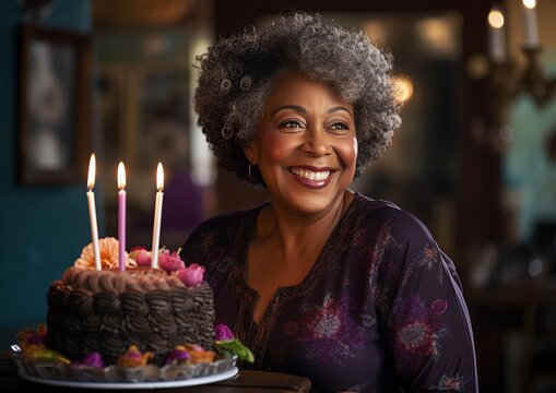 Elegant Senior Black Woman Smiling With A Beautiful Birthday Cake In A Warm Setting