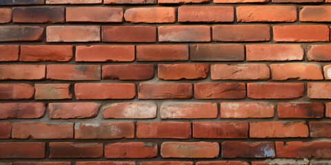 Obraz premium Brick wall with varying shades of red and orange arranged in a horizontal pattern, weathered and chipped edges, taken from a close-up perspective.