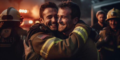 Fototapeta premium Firefighters celebrating, saved the day, hugging each other, natural candid expressions