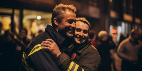 Fototapeta na wymiar Firefighters celebrating, saved the day, hugging each other, natural candid expressions