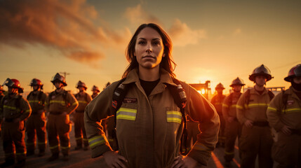 Female firefighter, front and center, crew in the background, powerful stance, sunset behind, wide angle lens