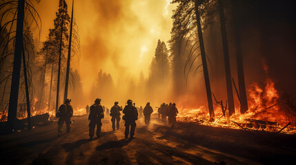 Firefighters in action, battling a large forest fire, flames and smoke, team coordination, golden...
