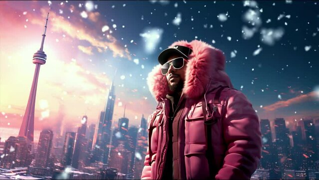 VTuber music visualizer: Light-skinned rapper in pink jacket dances to the beat with Toronto skyline backdrop. Ideal for lively streaming experiences showcasing urban style.