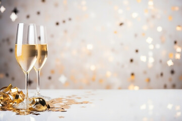 A festive New Year's Eve party with confetti and champagne, love and creativity with copy space - obrazy, fototapety, plakaty