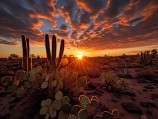 Sundown in desert, elongated shadows of cacti, gradation of colors in the sky from orange to deep blue