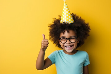 A child wearing oversized glasses and a party hat, love and creativity with copy space - obrazy, fototapety, plakaty