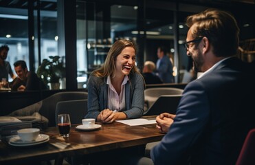 Business meeting between a man and a woman in a restaurant