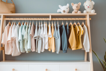 White wooden wardrobe with hangers with kid's clothes on rails in the children's room