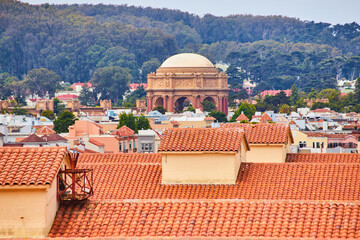 Orange rooftop shingles overlooking buildings leading to Palace of Fine Arts Roman architecture