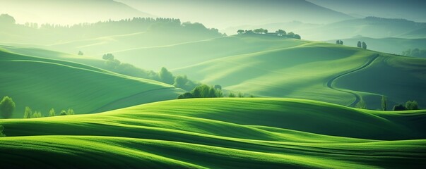 Misty morning over lush green rolling hills