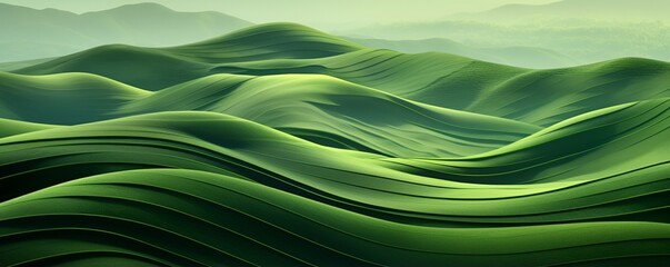 Layered green hills flowing under a misty horizon - obrazy, fototapety, plakaty