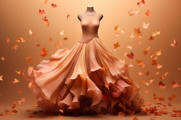 a mannequin dress on display next to a lot of autumn leaves - obrazy, fototapety, plakaty