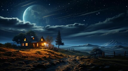 AI generated illustration of a wooden cabin on a hill at night - obrazy, fototapety, plakaty