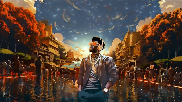 Lo-fi VTuber video call animation: Black male with sunglasses, headphones, and gold chains, immersed in music. Ideal streaming background exuding cool vibes and urban flair.