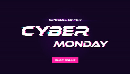 Cyber Monday modern background with glitch effect. Trendy neon colored vector illustration with promo text.