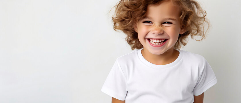 Happy smiling boy, child, kid on white background. Portrait shoot. Close up.  Mockup, template with copy space. Generative ai.