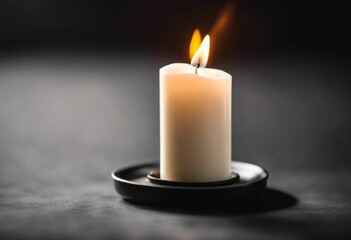 a white candle sits on a black saucer with a candle burning