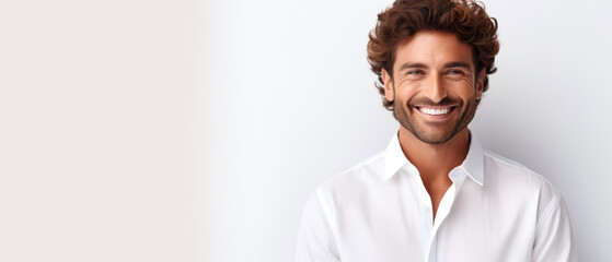 Obraz premium Happy smiling man, guy isolated on white background. portrait shoot. Close up. Mockup, template with copy space. Generative ai. 